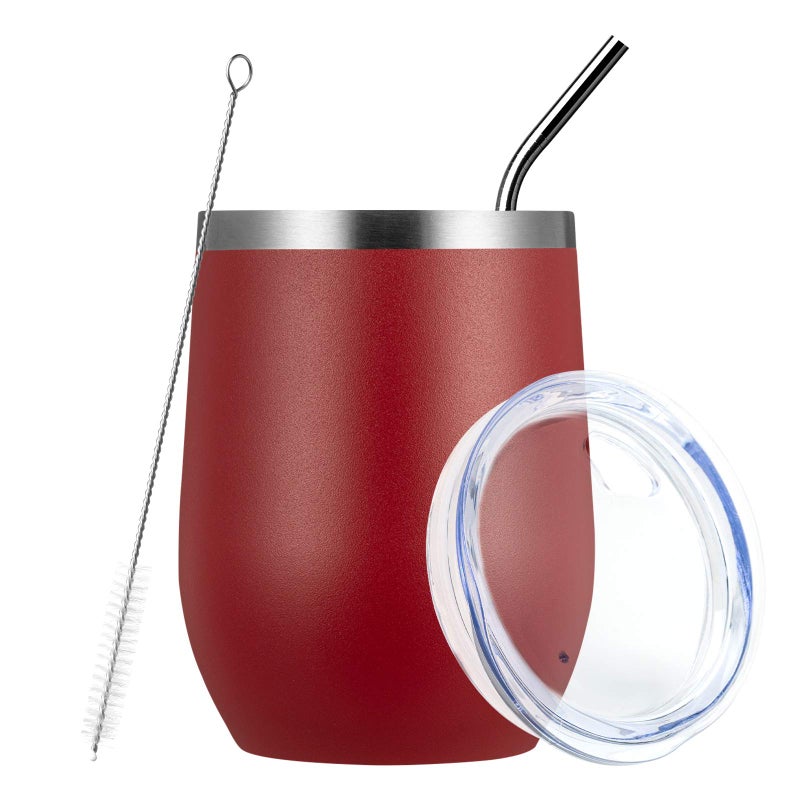 MEWAY Stemless 12oz Wine Tumbler Glasses with Lid -Insulated Double Wall Vacuum Stainless Steel Travel Tumbler with Straw,for Woman Under 10 dollars (Red,1) - Image 1